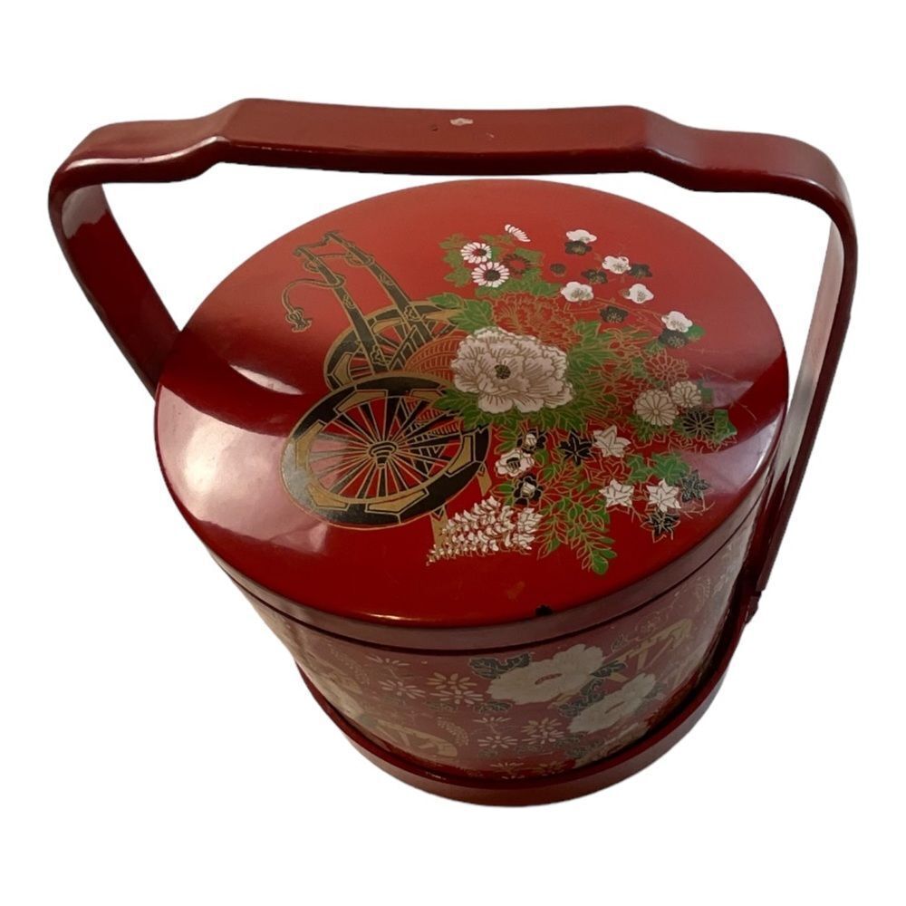 Vintage Retro Bento Box Red Enamel Floral 3 Pieces Lid and Holder - Picture 3 of 14
